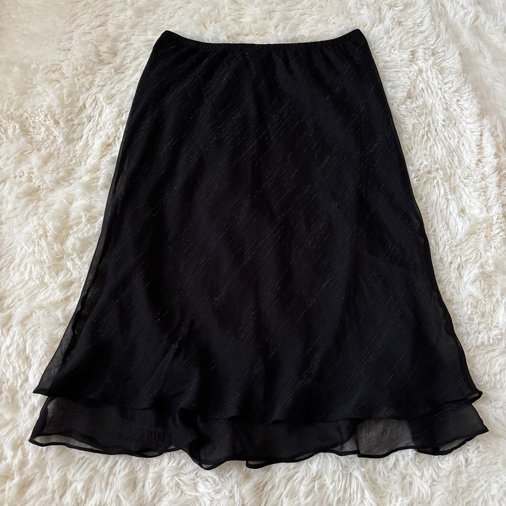 Black Silver Metallic Pinstripe Layered Ruffle Midi Skirt 10P 8765270